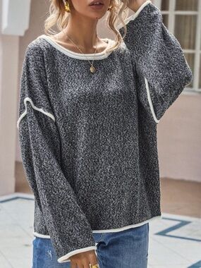 Jodifl Carbon Gray Contrast Stitching Fringe Back Relaxed Knit Sweater Summer L